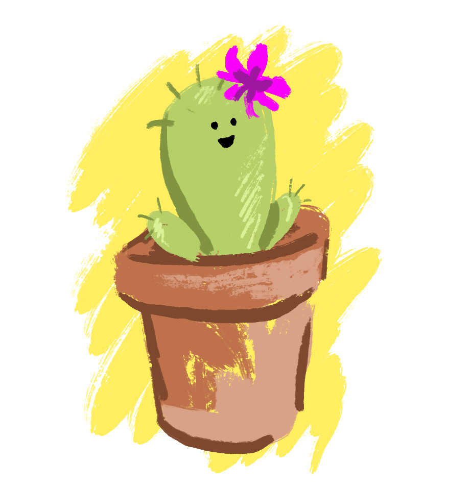 A cute illustration of a young cactus with a flower in a small pot, smiling and reaching up