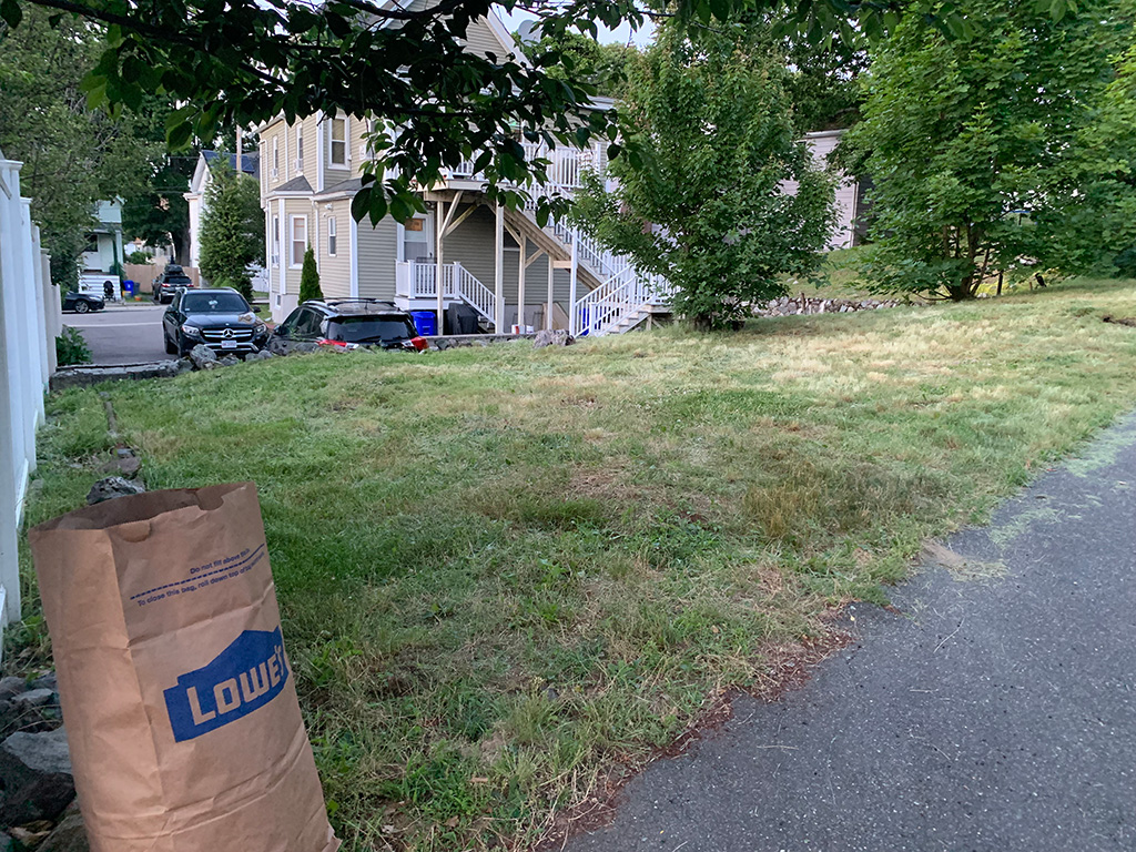 An empty yard with trimmed grass and no weeds. Some groundcover plants are now visible, and the rocks in the middle of the field are arranged nicely along the fence edge.