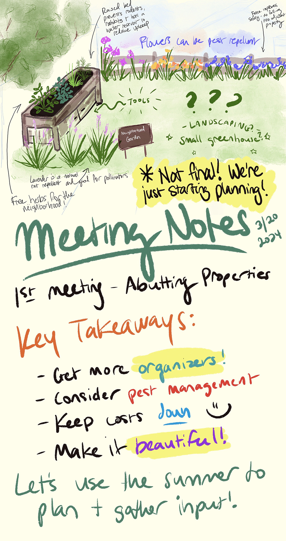 An illustration of a potential garden plan addressing pest management. Some features include using lavender and daffodils as natural rat repellent tactics. A raised bed at waist height could help discourage rats, rabbits, and coyotes while providing storage for community tools underneath. Meeting notes from the meeting are summarized underneath, and include key takeaways: get more organizers, keep costs down, consider pest management, and make the garden beautiful. Let's use the summer to plan and gather input!